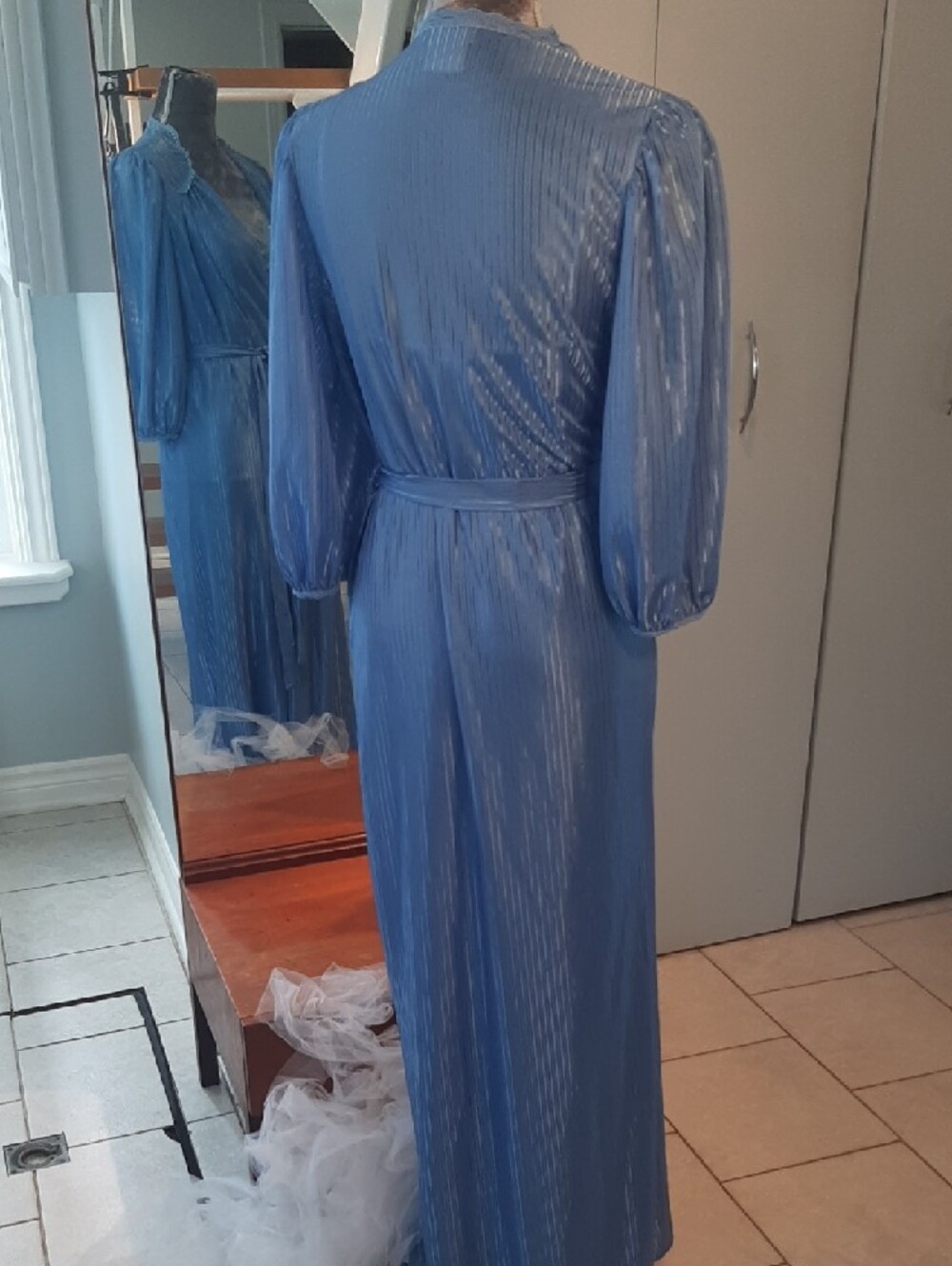 🦋COORD SET🦋BUTTERFLY Light Blue VINTAGE Negligee+Wrap Robe Self-Tie Belt Sz M - Picture 7 of 11